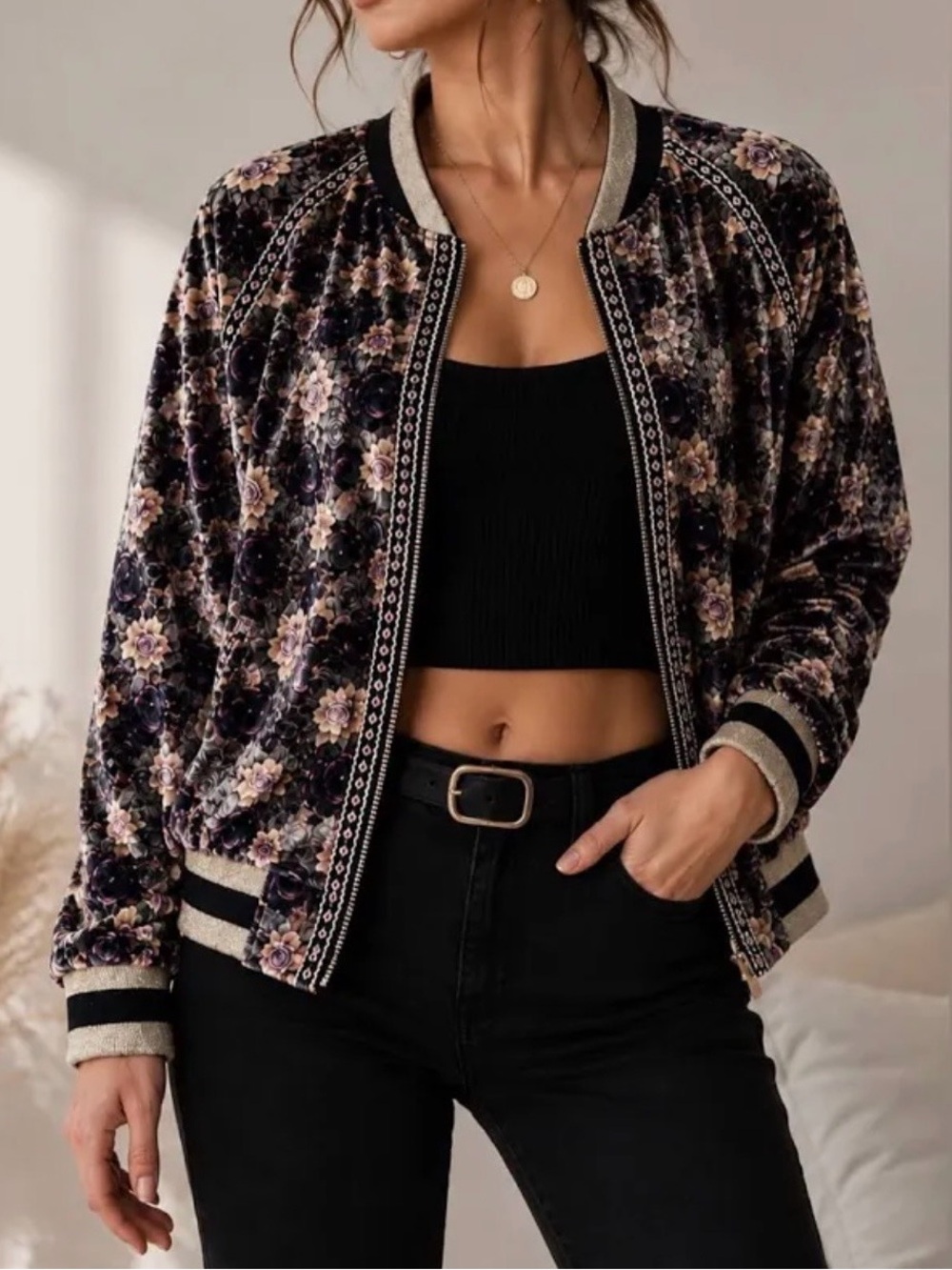 POL Floral Velvet Bomber Jacket WOMENS sz L Anthropologie coat